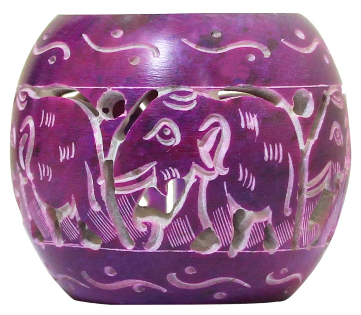 Bulk Wholesale Spherical-Shaped Tealight Candle Holder / Votive Candle Stand in Purple Color with Elephant Motifs – Hand-Carved in Soapstone – Home Décor