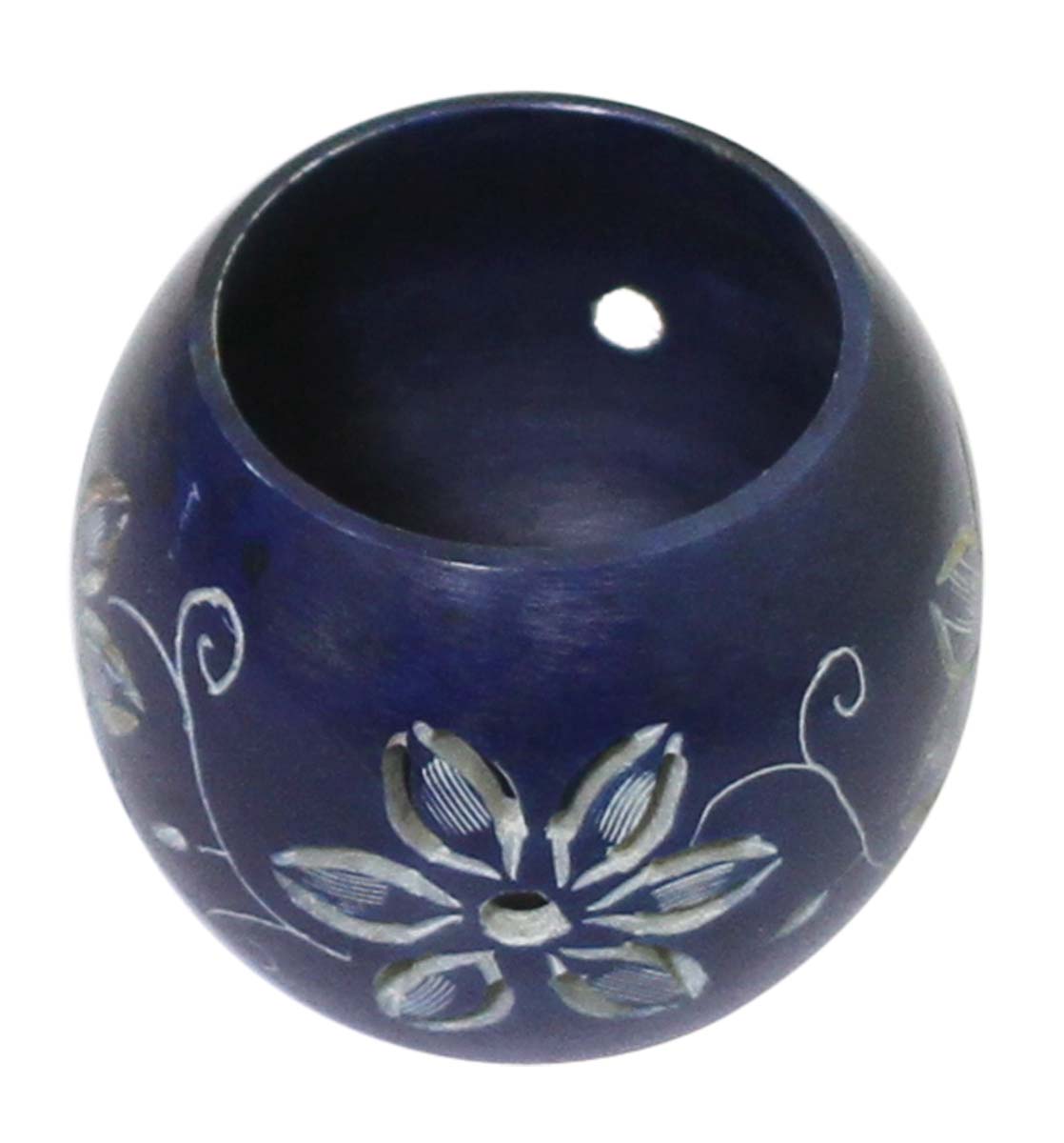 Bulk Wholesale Spherical-Shaped Tealight Candle Holder / Votive Candle Stand in Blue Color with Floral Motifs – Hand-Carved in Soapstone – Home Décor