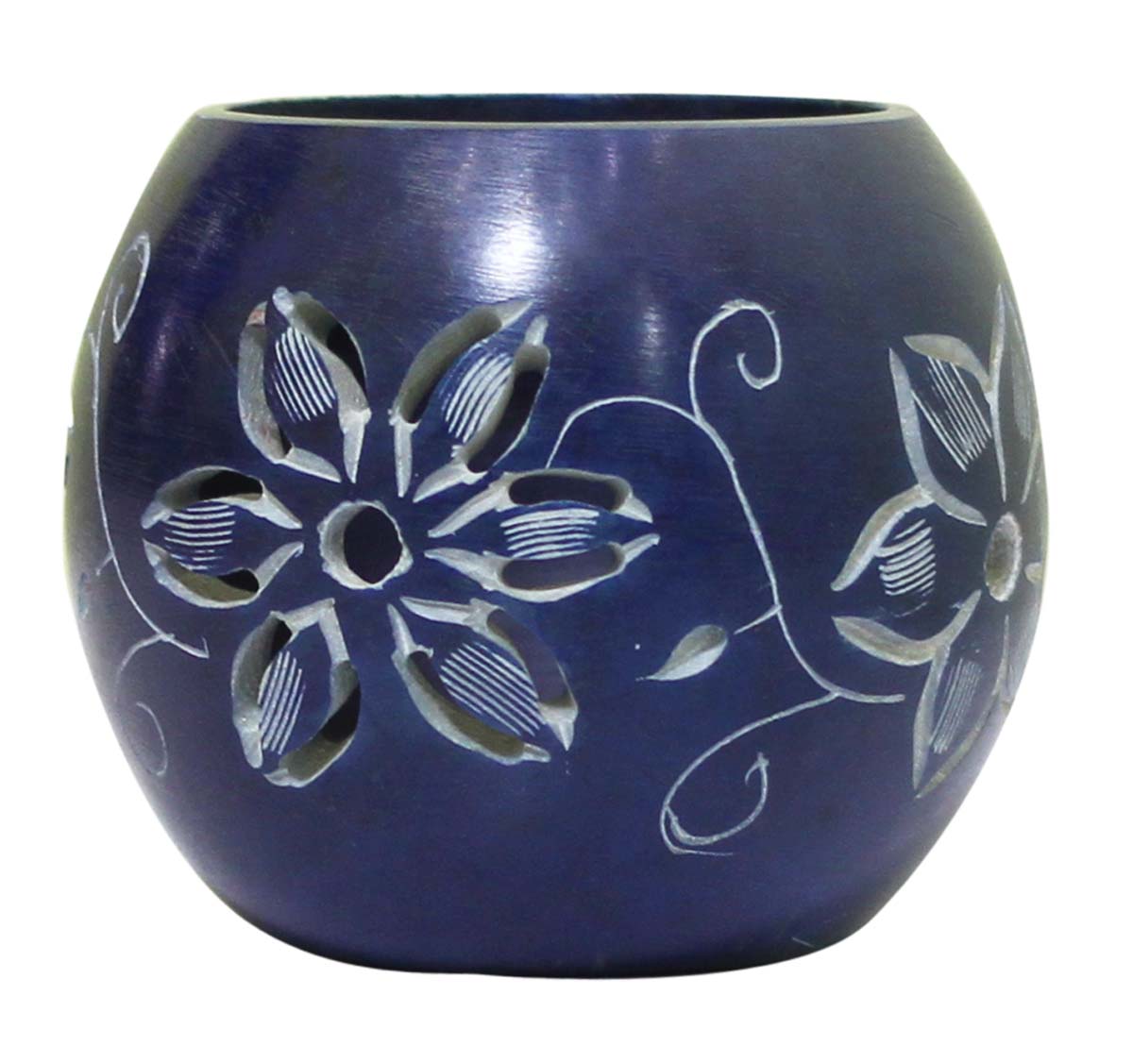 Bulk Wholesale Spherical-Shaped Tealight Candle Holder / Votive Candle Stand in Blue Color with Floral Motifs – Hand-Carved in Soapstone – Home Décor