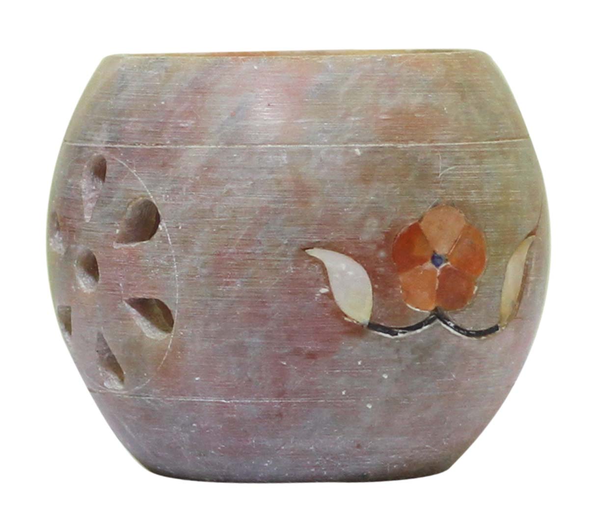 Bulk Wholesale Hand-Carved Spherical-Shaped Tealight Candle Holder / Votive Candle Stand in Soapstone – Decorated with Color Floral Pattern in Pietra Dura Art – Home Décor