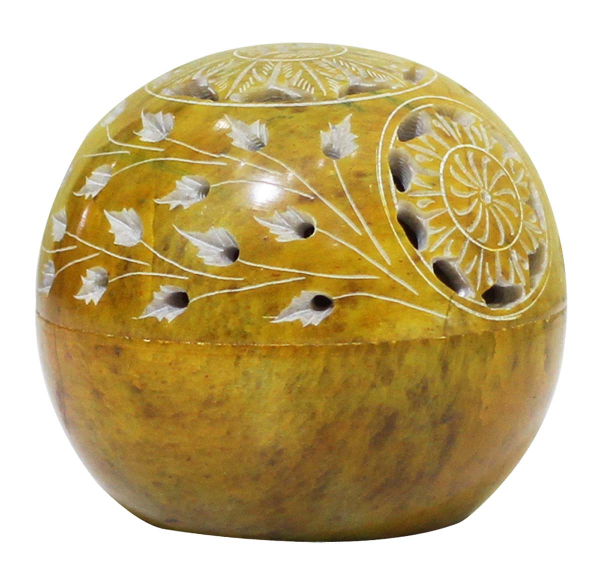 Bulk Wholesale Spherical-Shaped Tealight Candle Holder / Votive Candle Stand in Yellowish Color – Hand-Carved in Soapstone with Floral & Leafy Patterns in Jaali Art – Home Décor