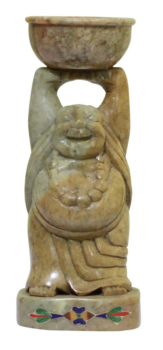 Bulk Wholesale 6” Laughing Buddha Tealight Candle Holder / Votive Candle Stand in Shades of Pink & Brown – Hand-Carved in Soapstone – Interior Decorating Items – Home Décor 