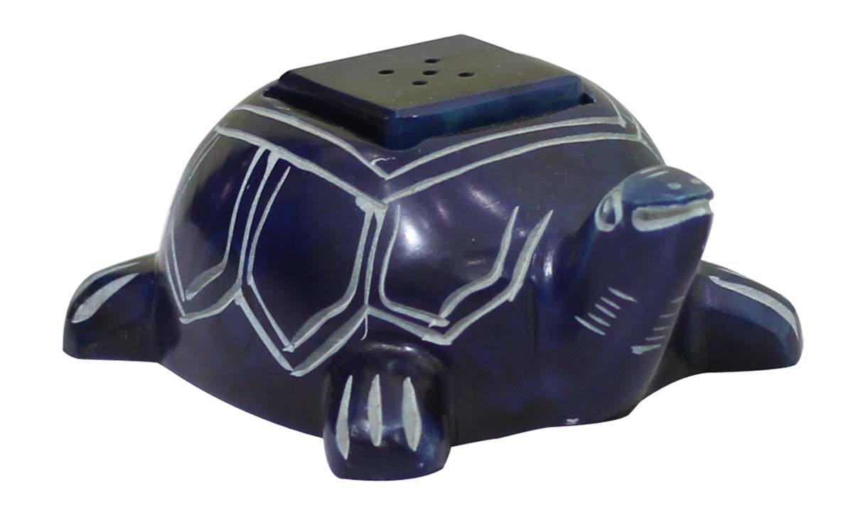Bulk Wholesale Blue-Color Tortoise Sculpture / Statue with an Incense Stich Holder on the Back – Hand-Carved in Soapstone – Interior Decorating Items – Home Décor