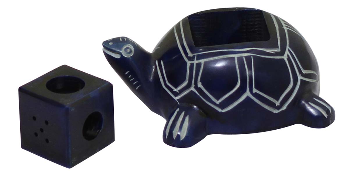 Bulk Wholesale Blue-Color Tortoise Sculpture / Statue with an Incense Stich Holder on the Back – Hand-Carved in Soapstone – Interior Decorating Items – Home Décor