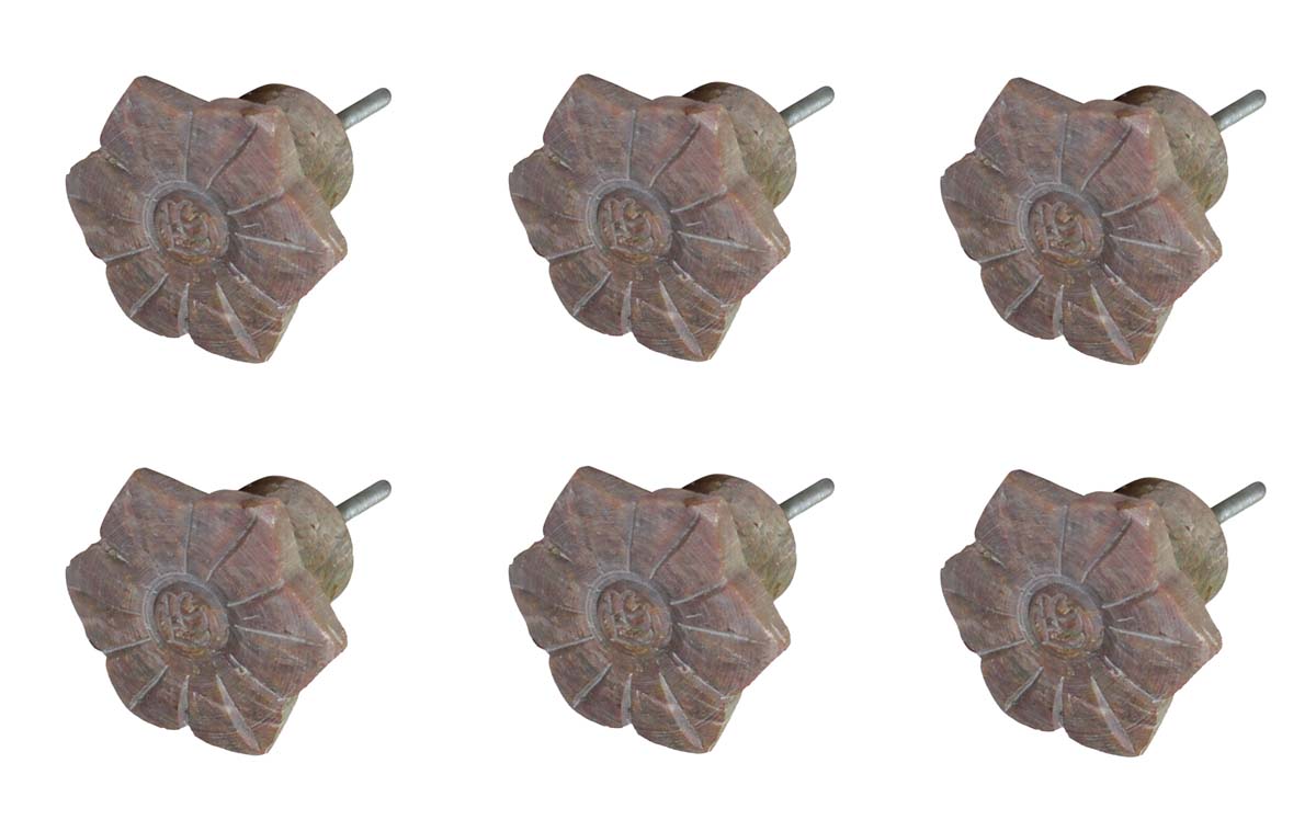 Bulk Wholesale Handmade Set of 6 Flower Design Drawer Knobs / Pulls  – Hand-Carved in Soapstone – Decorative Handles for Cabinets / Dressers / Cup-Boards