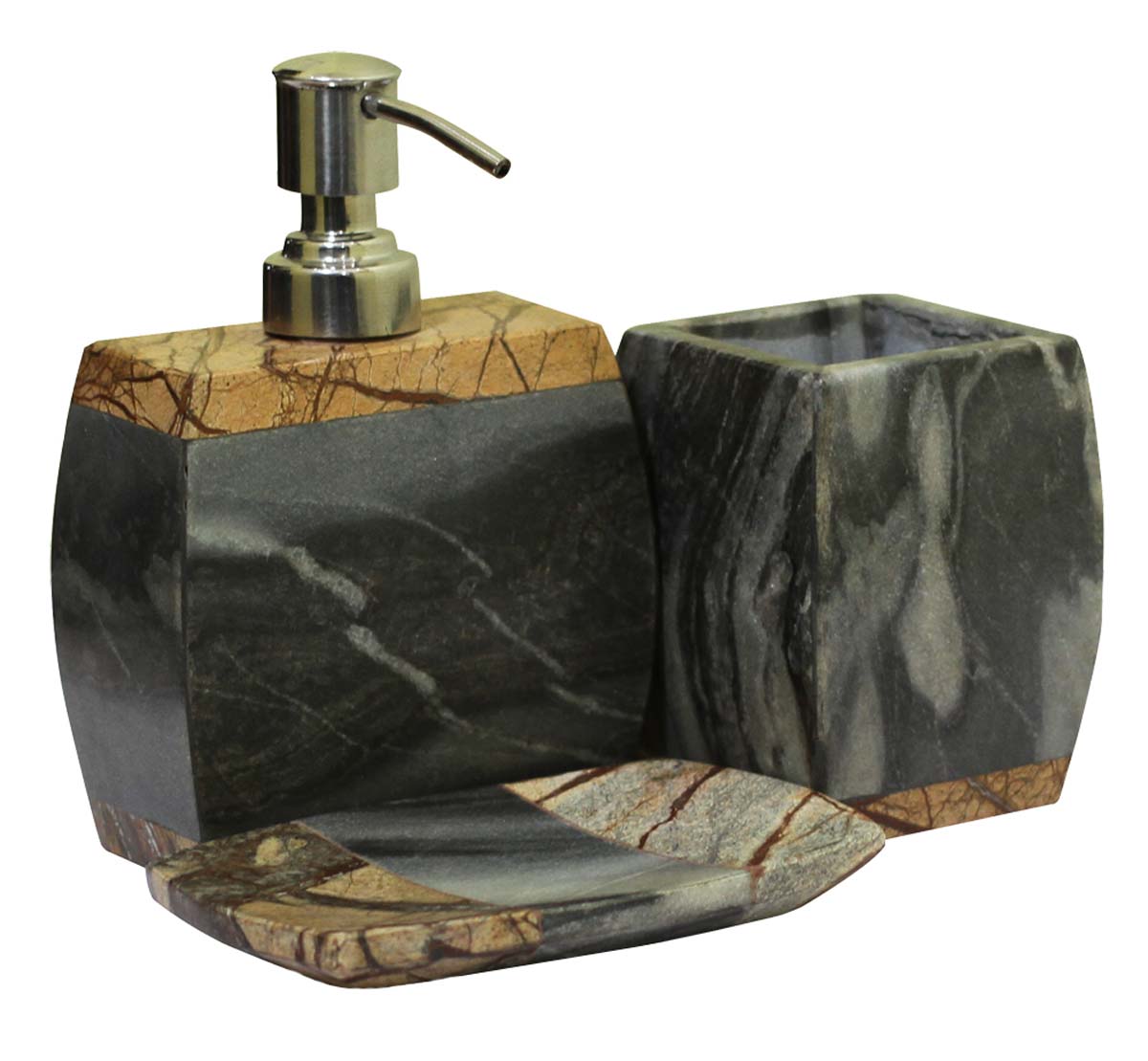 Bulk Wholesale Set of 3 Bathroom Accessories - Soap Dispenser, Tumbler & a Soap Dish - Hand-Carved in Gray & Brown Marble - Home Decor