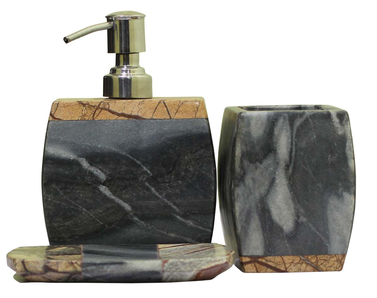 Bulk Wholesale Set of 3 Bathroom Accessories - Soap Dispenser, Tumbler & a Soap Dish - Hand-Carved in Gray & Brown Marble - Home Decor