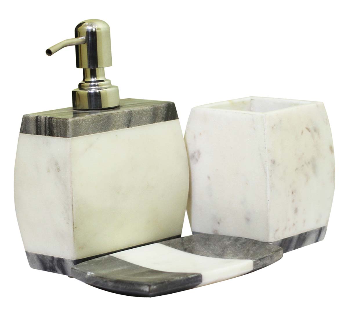 Bulk Wholesale Set of 3 Bathroom Accessories - Liquid Soap Dispenser, Tumbler & a Soap Dish - Hand-Carved in White & Grey Marble - Home Decor