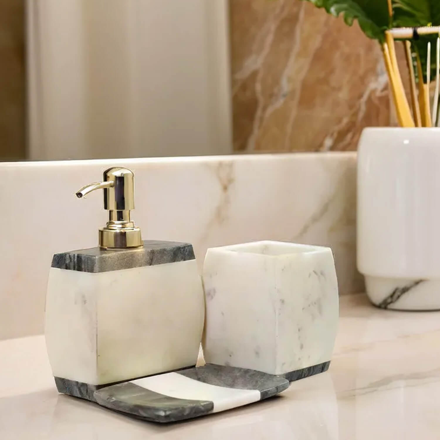 Bulk Wholesale Set of 3 Bathroom Accessories - Liquid Soap Dispenser, Tumbler & a Soap Dish - Hand-Carved in White & Grey Marble - Home Decor