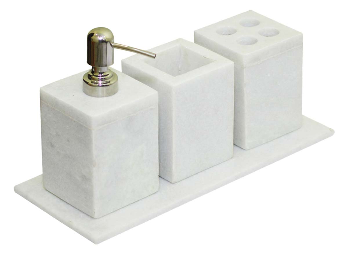 Bulk Wholesale Set of 4 Bathroom Accessories Hand-Crafted in White Marble - Liquid Soap Dispenser, Tumbler, Toothbrush Stand, & a Tray - Home Decor