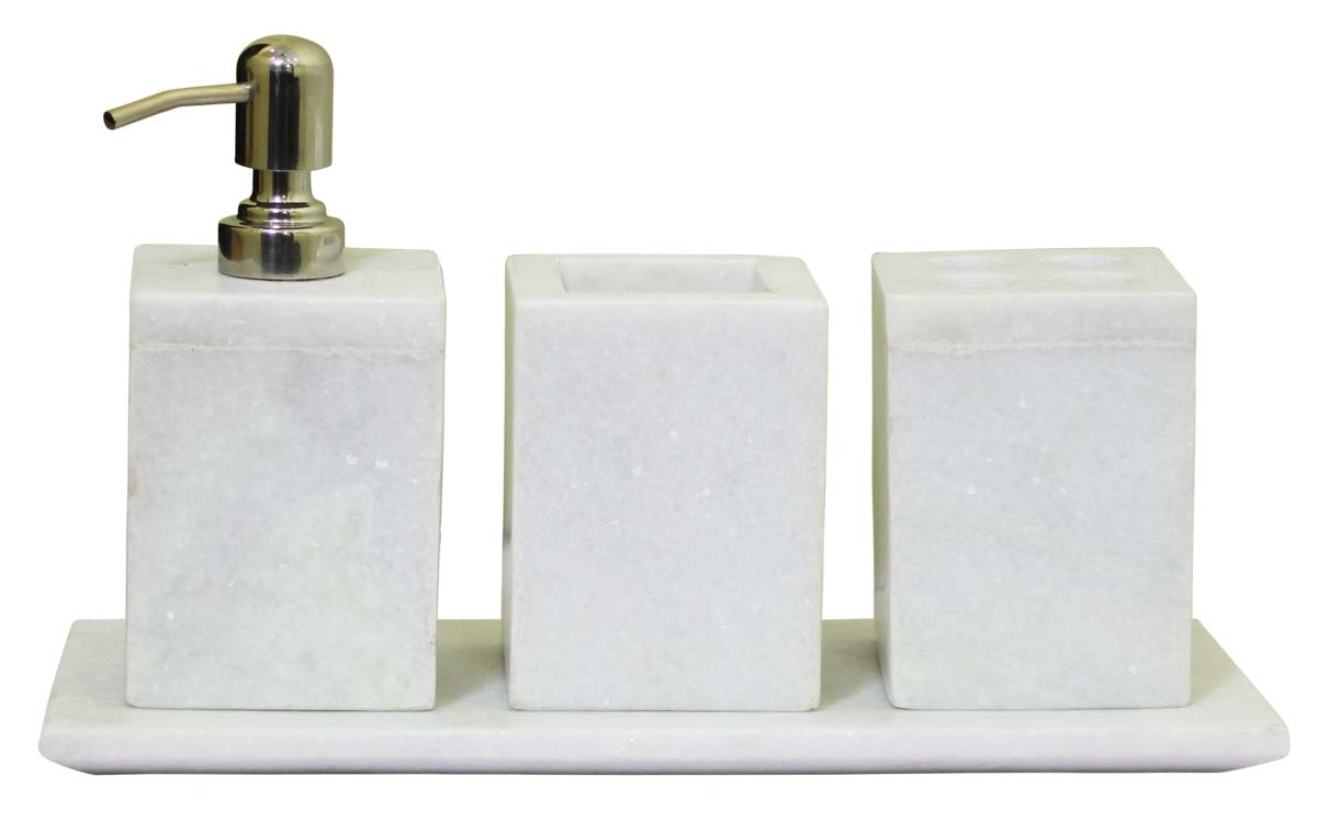 Bulk Wholesale Set of 4 Bathroom Accessories Hand-Crafted in White Marble - Liquid Soap Dispenser, Tumbler, Toothbrush Stand, & a Tray - Home Decor
