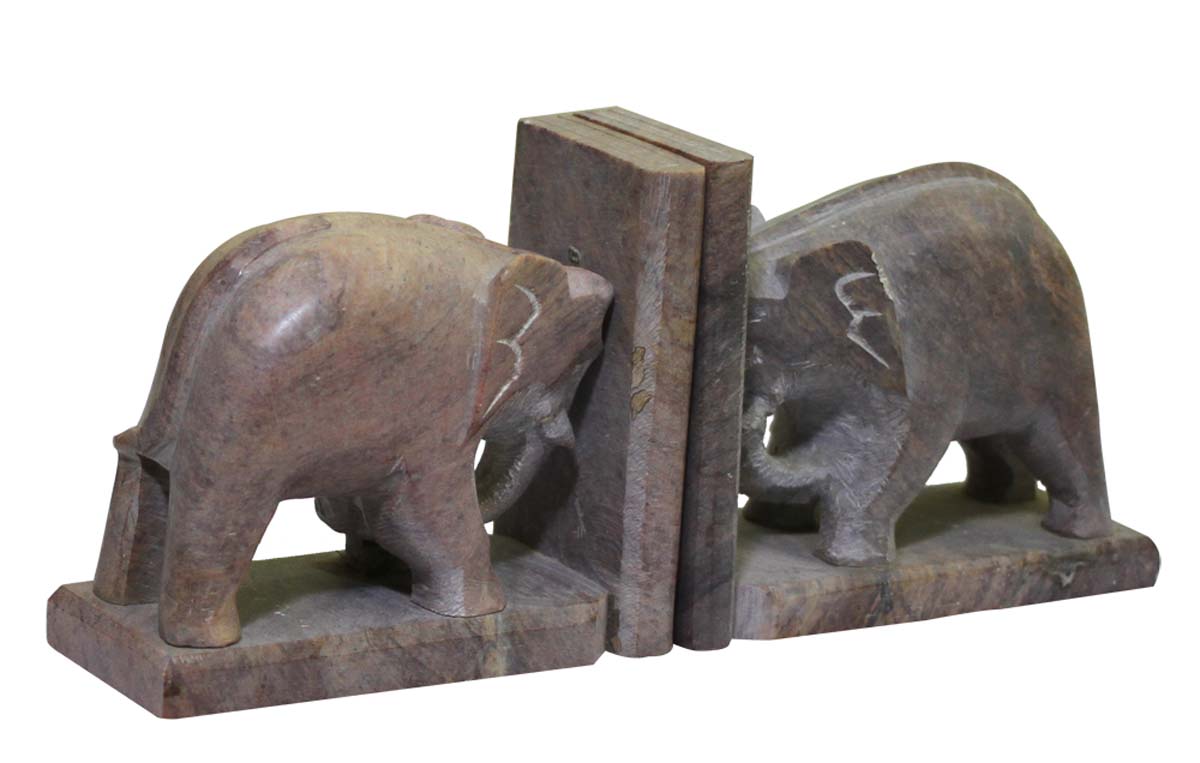 Bulk Wholesale Hand-Carved Pair of Bookends in Soapstone - Designed with Elephant Sculptures – Bookshelf Accessories