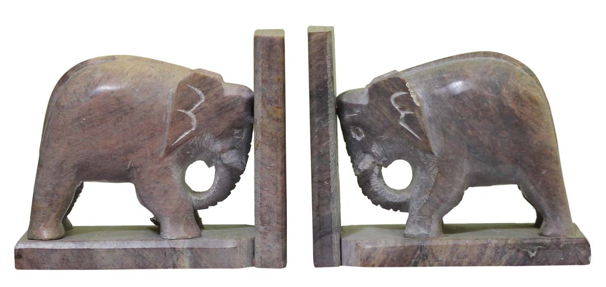 Bulk Wholesale Hand-Carved Pair of Bookends in Soapstone - Designed with Elephant Sculptures – Bookshelf Accessories