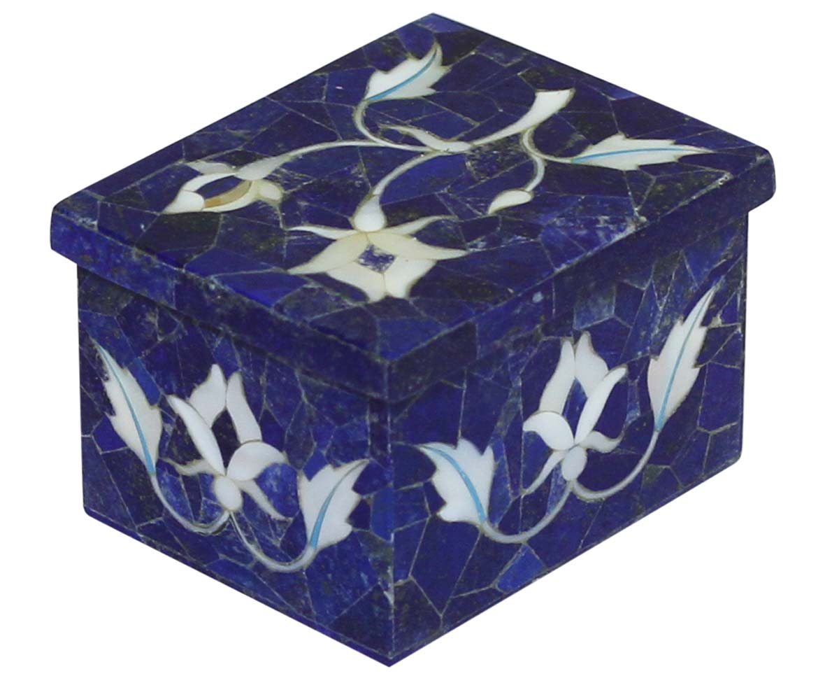 Bulk Buy 2.6x2.2” Jewelry Box in Wholesale - Handmade Blue Jewelry Box/Trinket Box/Storage Box with Floral Motifs in White Marble & Mother of Pearl - Decorative Handmade Boxes from India