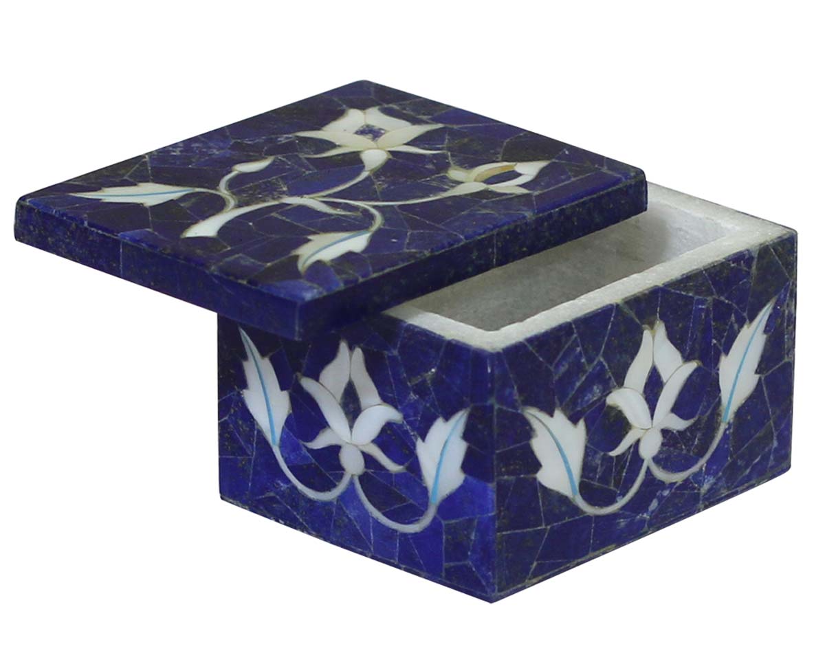 Bulk Buy 2.6x2.2” Jewelry Box in Wholesale - Handmade Blue Jewelry Box/Trinket Box/Storage Box with Floral Motifs in White Marble & Mother of Pearl - Decorative Handmade Boxes from India