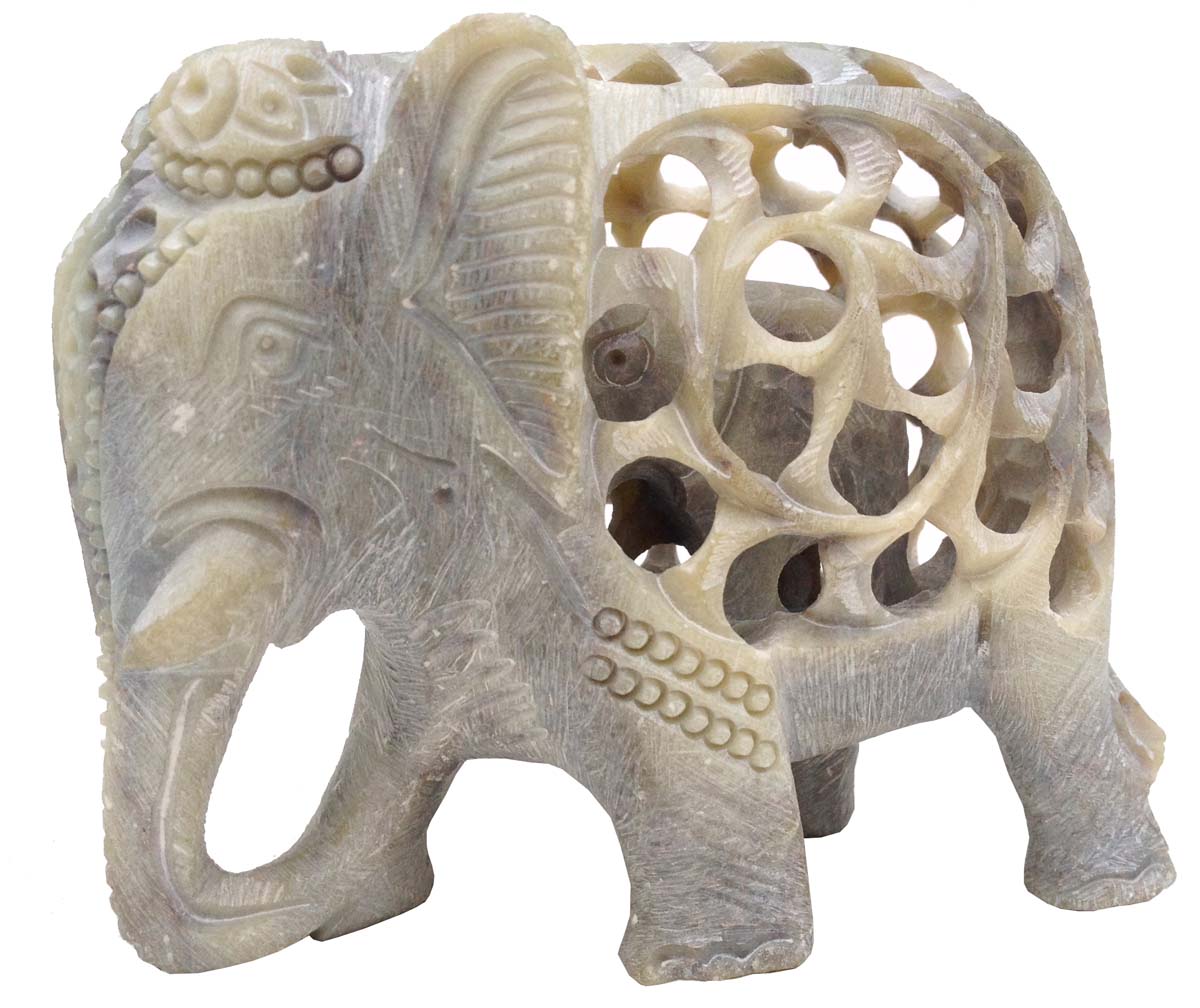 Wholesale Elephant Figurine - Bulk Buy 5” Hand Carved Soapstone Statue of Mother and Baby Elephant - Unique Open-Work Art - Animal Decor Sculpture - Baby Shower Home Decor Gifts from India