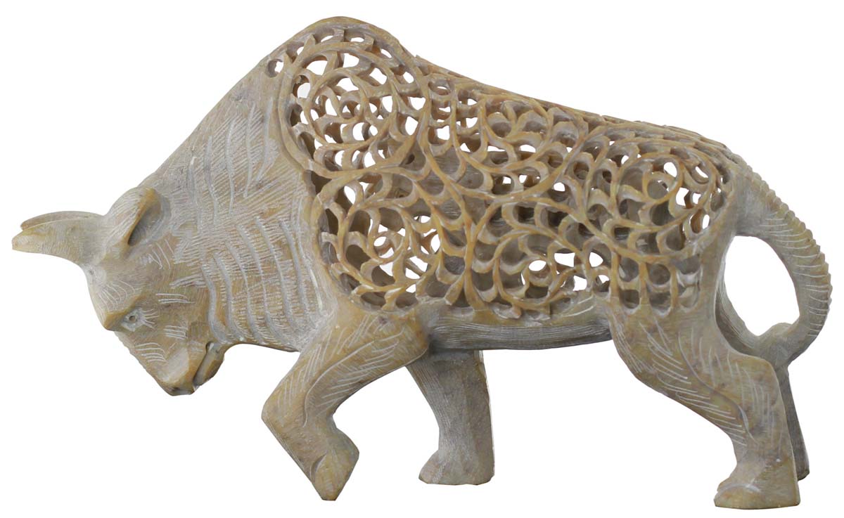 Wholesale Raging Bull Figurine - Bulk Buy 7” Hand Carved Soapstone Statue of Bull with Hippopotamus Inside - Unique Open-Work Art - Animal Decor Sculpture - Home Decor Gifts from India