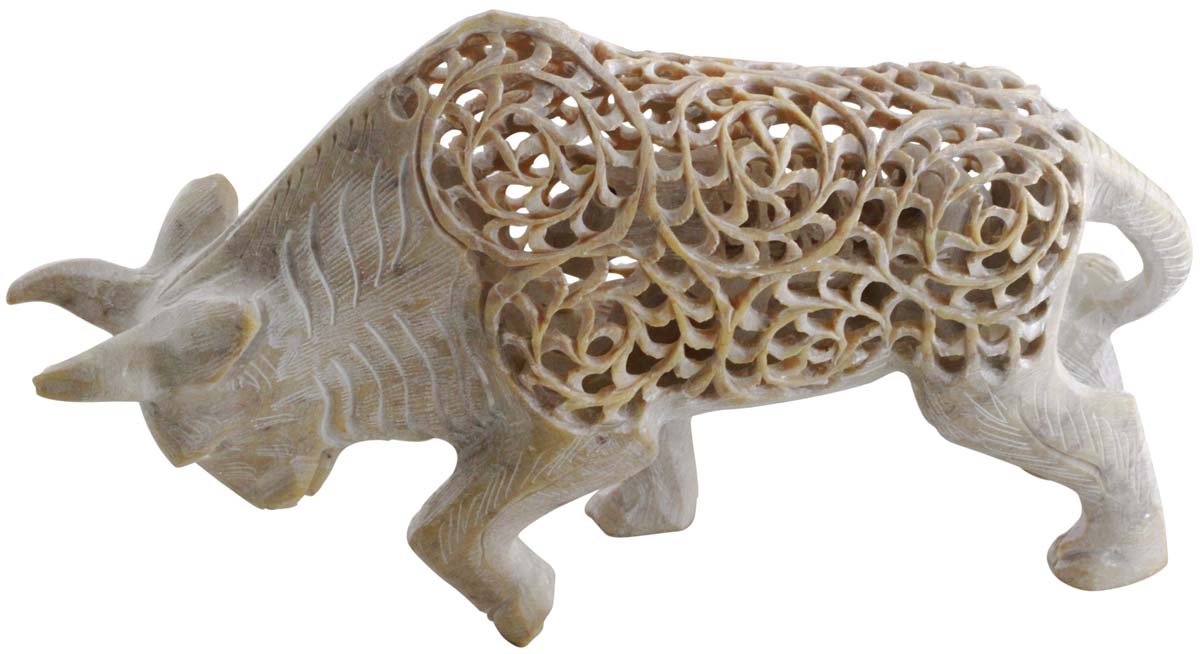 Wholesale Raging Bull Figurine - Bulk Buy 7” Hand Carved Soapstone Statue of Bull with Hippopotamus Inside - Unique Open-Work Art - Animal Decor Sculpture - Home Decor Gifts from India
