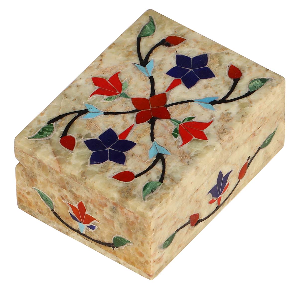 Wholesale 4 x 3” Marble Inlay “Pietra Dura” Jewelry Box in Bulk - Handmade Rectangular Marble Jewelry Box/Trinket Box/Keepsake Box from India