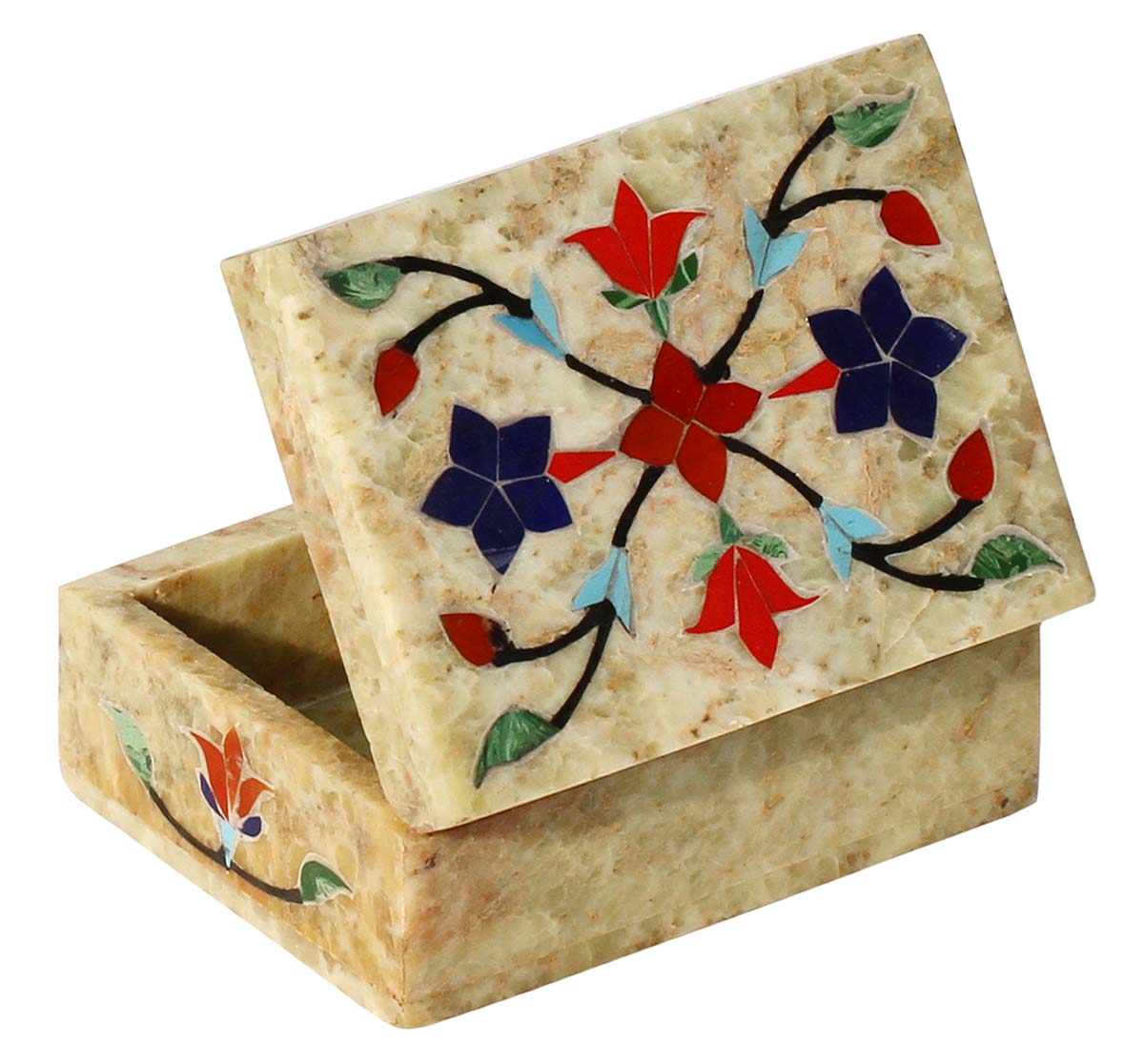 Wholesale 4 x 3” Marble Inlay “Pietra Dura” Jewelry Box in Bulk - Handmade Rectangular Marble Jewelry Box/Trinket Box/Keepsake Box from India