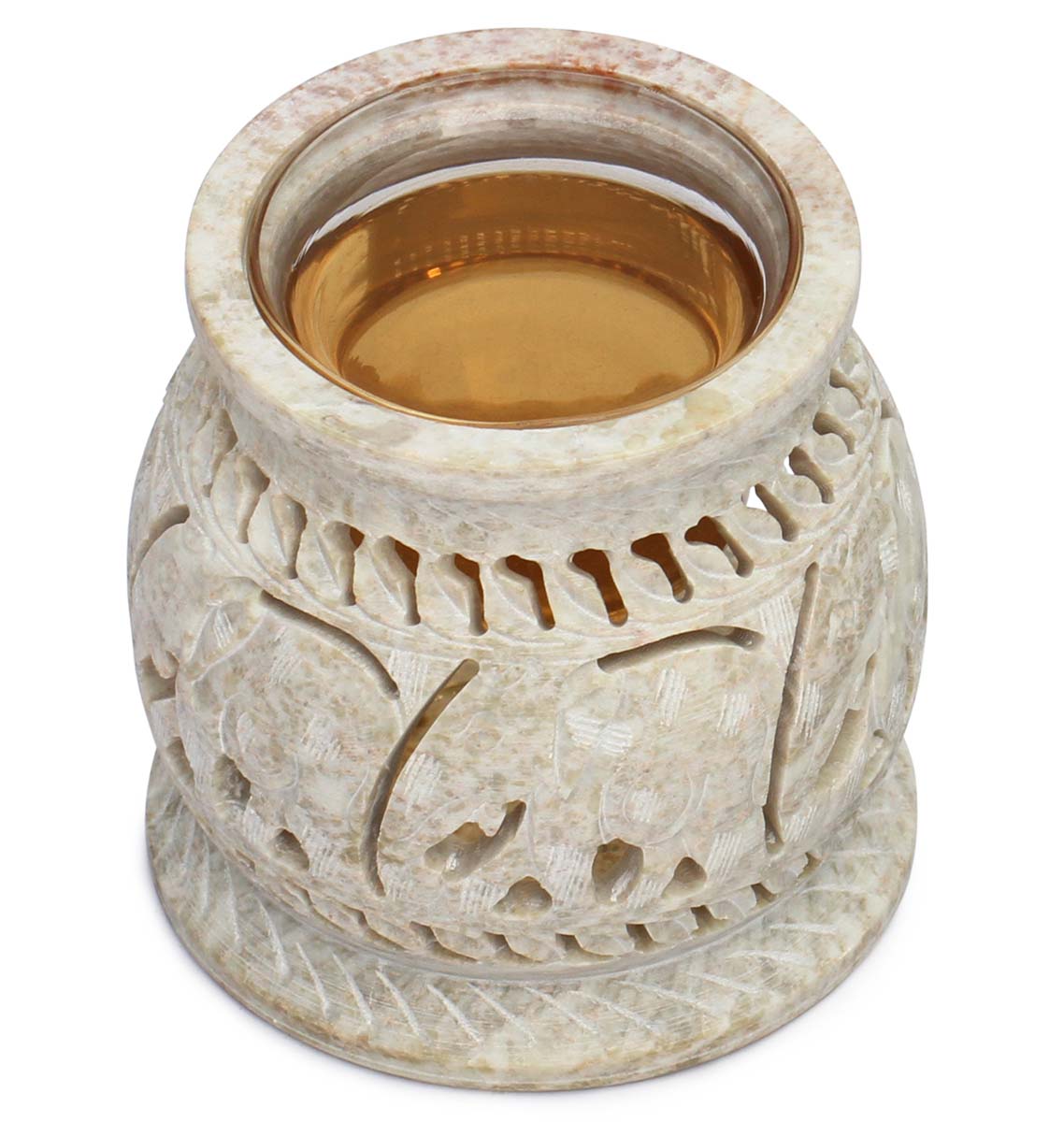 Wholesale “Elephants Imprints” Essential Oil Diffuser - Bulk Buy Elephant Motif Open-Work Art In Natural White Soapstone - Aromatherapy Fragrance Vaporizer/ Wax Melt Warmer from India
