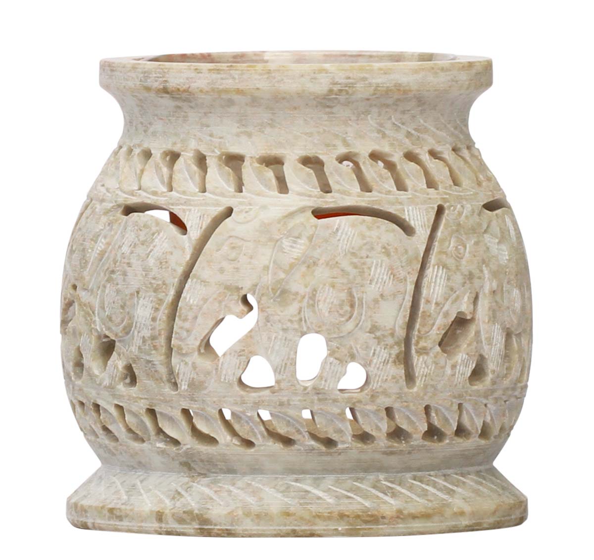Wholesale “Elephants Imprints” Essential Oil Diffuser - Bulk Buy Elephant Motif Open-Work Art In Natural White Soapstone - Aromatherapy Fragrance Vaporizer/ Wax Melt Warmer from India