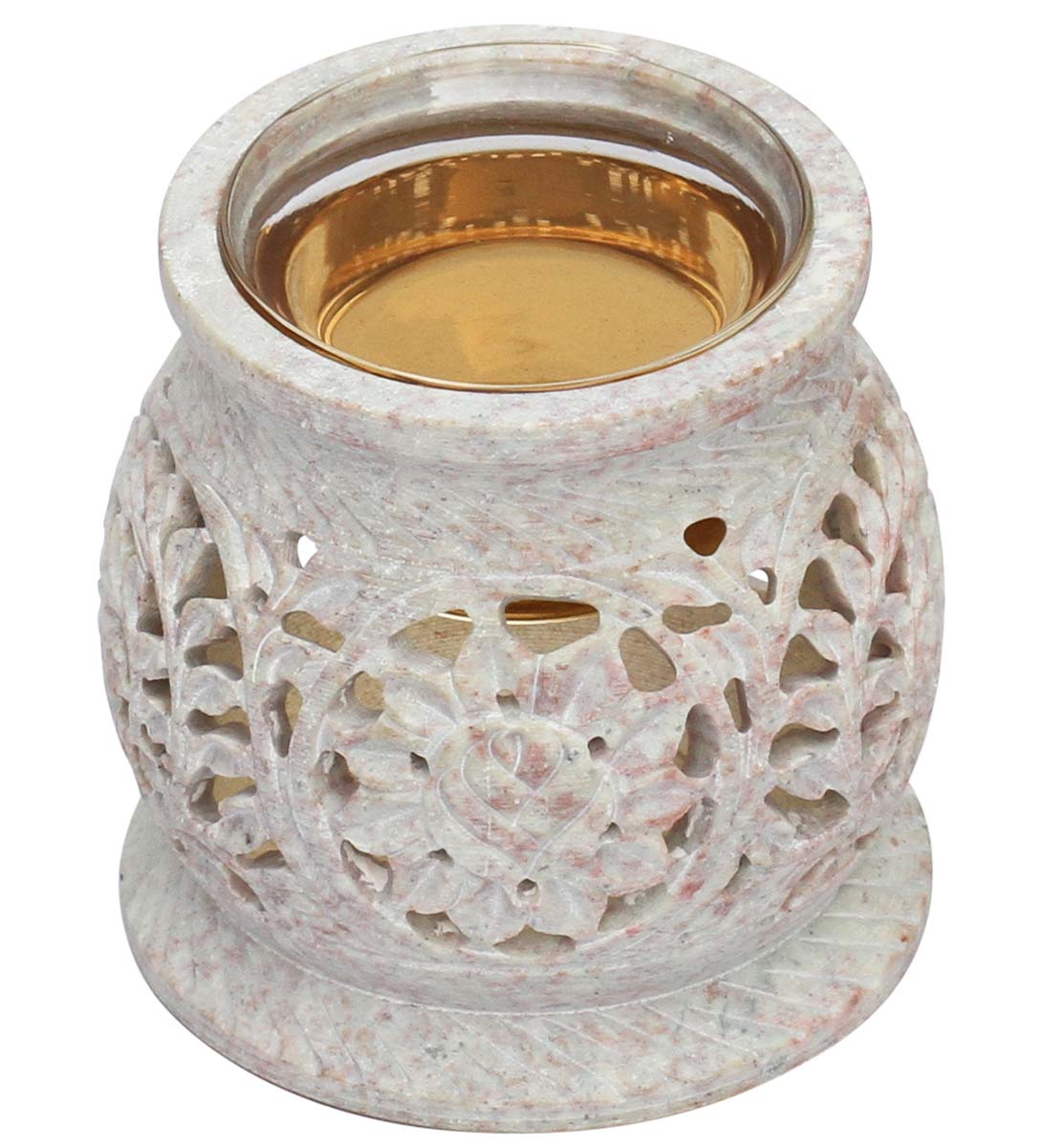 Wholesale Soapstone 3.5” Essential Oil Diffuser - Bulk Buy Stone Aromatherapy Wax Melt/Tart Warmer with Floral Pattern and Glass Bowl - Essential Fragrance Accessories