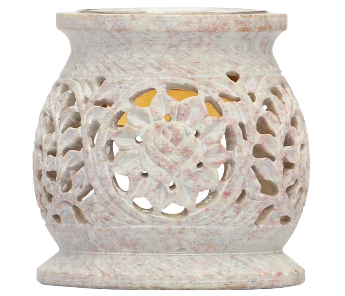 Wholesale Soapstone 3.5” Essential Oil Diffuser - Bulk Buy Stone Aromatherapy Wax Melt/Tart Warmer with Floral Pattern and Glass Bowl - Essential Fragrance Accessories