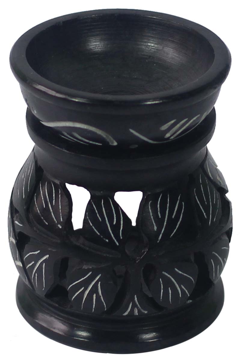 Wholesale 3” Palewa Stone Black Essential Oil Diffuser - Bulk Buy Stone Aromatherapy Wax Melt/Tart Warmer with White Motifs - Essential Fragrance Accessories from India