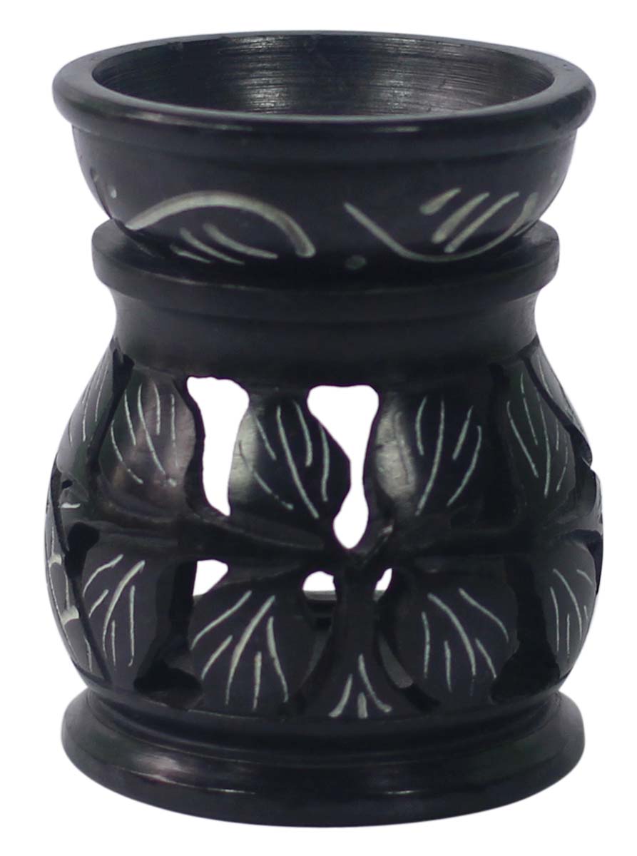 Wholesale 3” Palewa Stone Black Essential Oil Diffuser - Bulk Buy Stone Aromatherapy Wax Melt/Tart Warmer with White Motifs - Essential Fragrance Accessories from India
