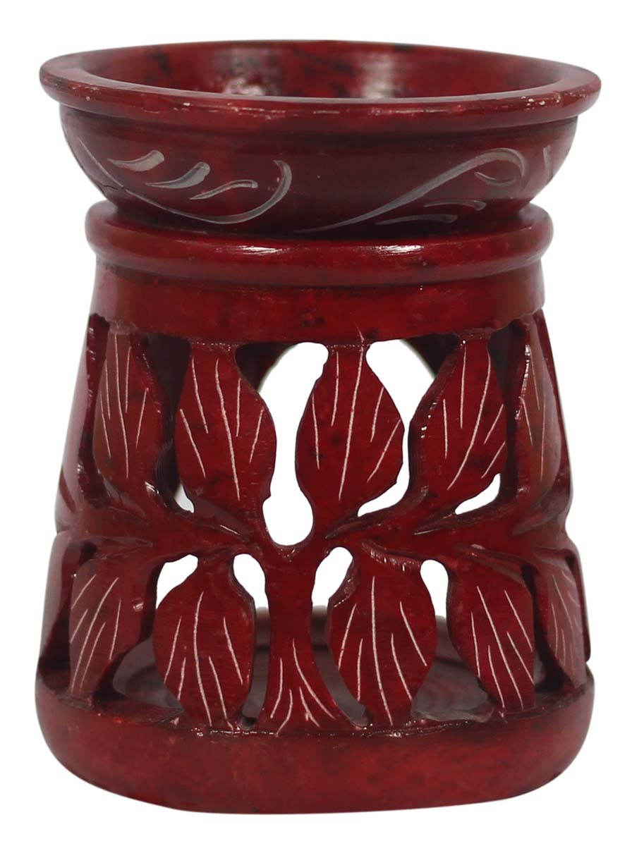 Wholesale 3” Palewa Stone Red Essential Oil Diffuser - Bulk Buy Handcrafted Stone Aromatherapy Wax Melt/Tart Warmer with Carving of Leaves - Essential Fragrance Accessories from India