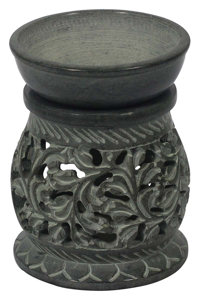 Wholesale 3.8” Palewa Stone Stone-Grey Essential Oil Diffuser - Bulk Buy Handcrafted Stone Aromatherapy Wax Melt/Tart Warmer with Carving of Flowers - Essential Fragrance Accessories from India