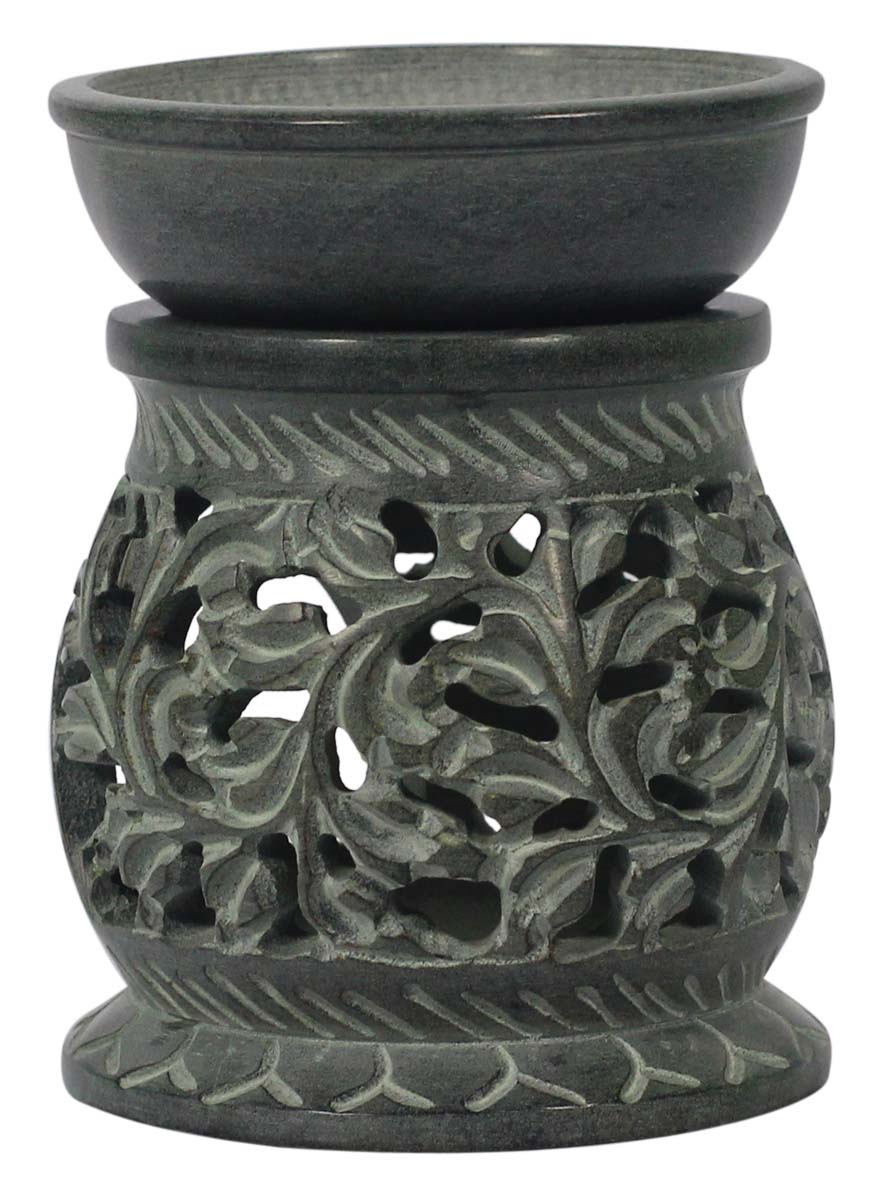 Wholesale 3.8” Palewa Stone Stone-Grey Essential Oil Diffuser - Bulk Buy Handcrafted Stone Aromatherapy Wax Melt/Tart Warmer with Carving of Flowers - Essential Fragrance Accessories from India