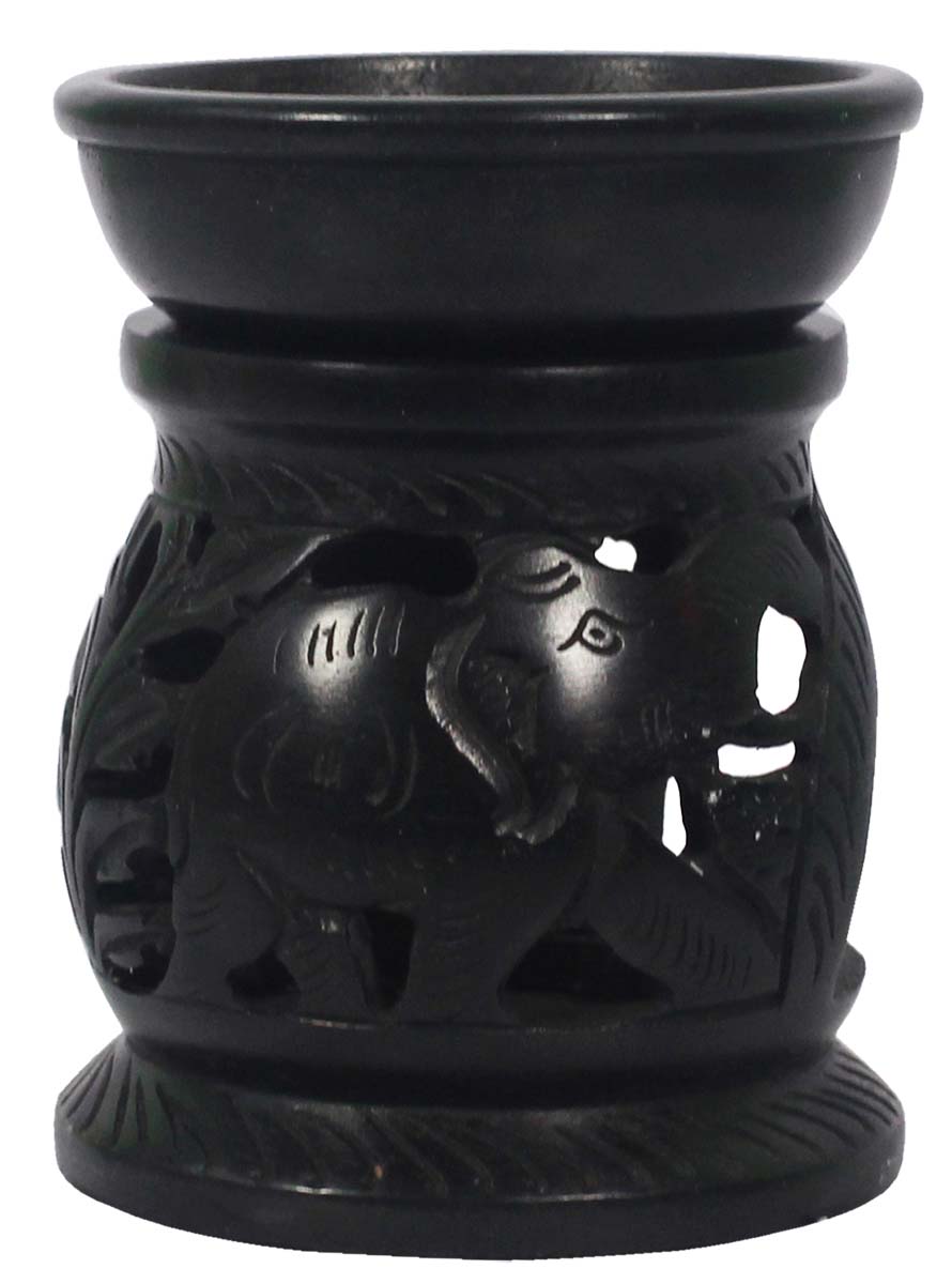 Wholesale 3.8” Palewa Stone Black Essential Oil Diffuser - Bulk Buy Handcrafted Stone Aromatherapy Wax Melt/Tart Warmer with Lattice Carving - Essential Fragrance Accessories from India