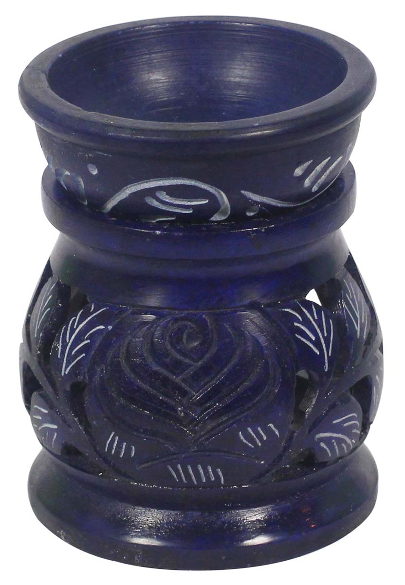 Wholesale 3.2” Palewa Stone Royal-Blue Essential Oil Diffuser - Bulk Buy Handcrafted Stone Aromatherapy Wax Melt/Tart Warmer with Lattice Carving & White Painted Motifs - Essential Fragrance Accessories from India
