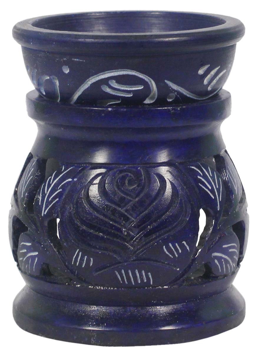 Wholesale 3.2” Palewa Stone Royal-Blue Essential Oil Diffuser - Bulk Buy Handcrafted Stone Aromatherapy Wax Melt/Tart Warmer with Lattice Carving & White Painted Motifs - Essential Fragrance Accessories from India