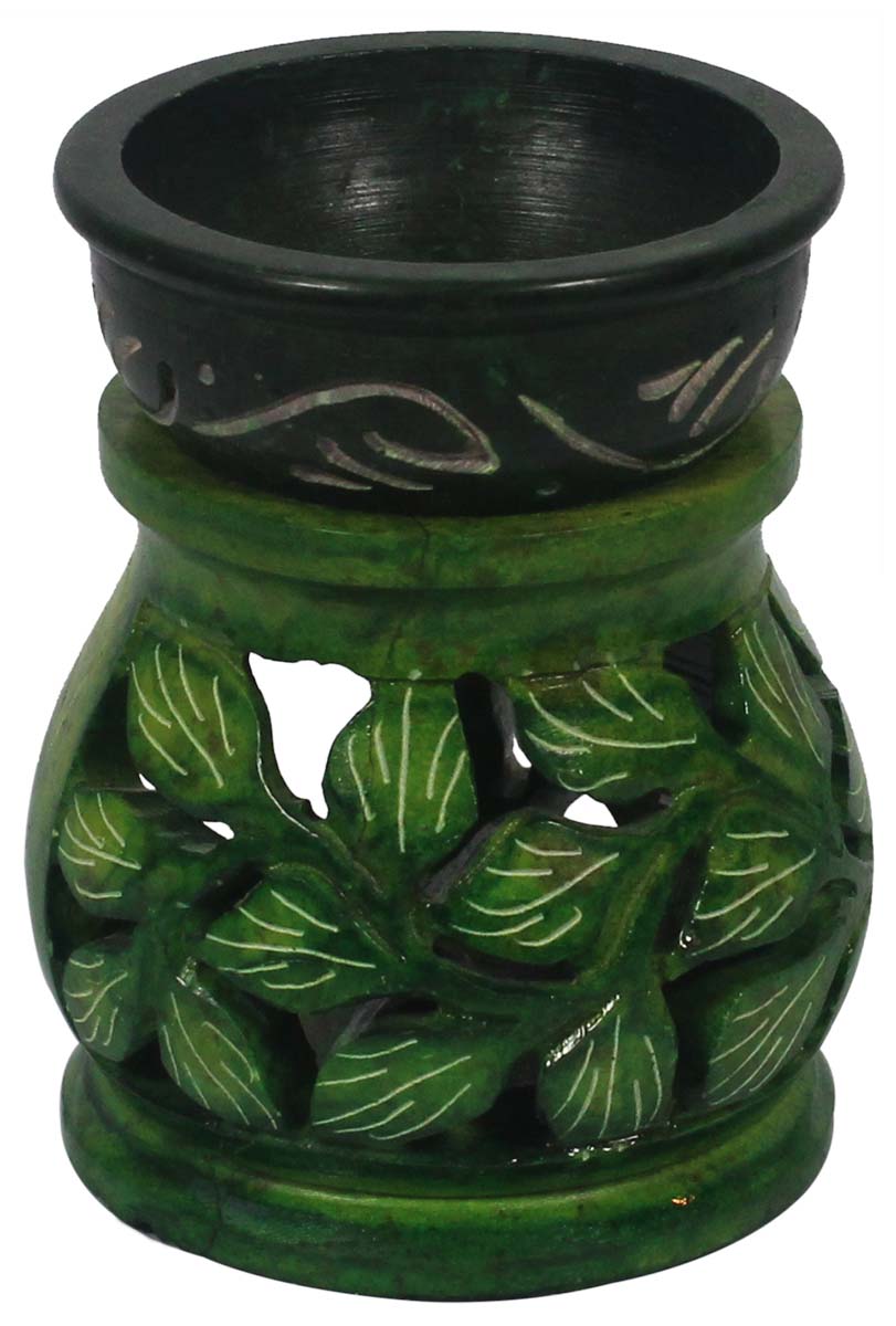 Wholesale Green 3.8” Palewa Stone Essential Oil Diffuser - Bulk Source Handcrafted Stone Aromatherapy Wax Melt/Tart Warmer with Carving of Leaves & White Painted Motifs - Essential Fragrance Accessories from India