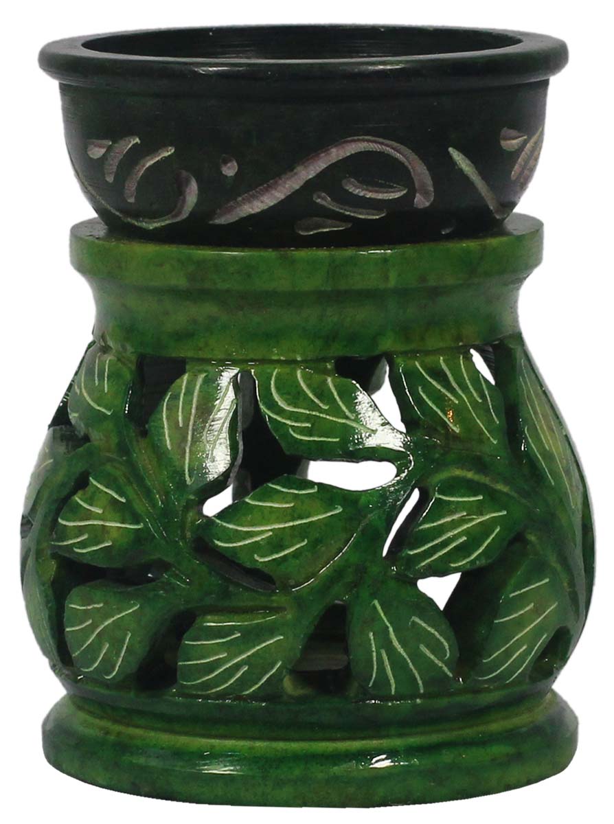 Wholesale Green 3.8” Palewa Stone Essential Oil Diffuser - Bulk Source Handcrafted Stone Aromatherapy Wax Melt/Tart Warmer with Carving of Leaves & White Painted Motifs - Essential Fragrance Accessories from India
