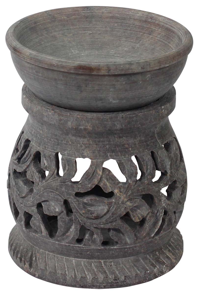 Wholesale 3.3” Gorara Stone Essential Oil Diffuser - Bulk Source Handcrafted Stone Aromatherapy Wax Melt/Tart Warmer with Carving of Leaves - Essential Fragrance Accessories from India