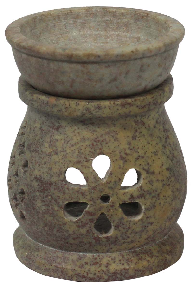 Wholesale 3.3” Earthy Colored Gorara Stone Essential Oil Diffuser - Bulk Source Handcrafted Stone Aromatherapy Wax Melt/Tart Warmer with Carving of Leaves - Essential Fragrance Accessories from India