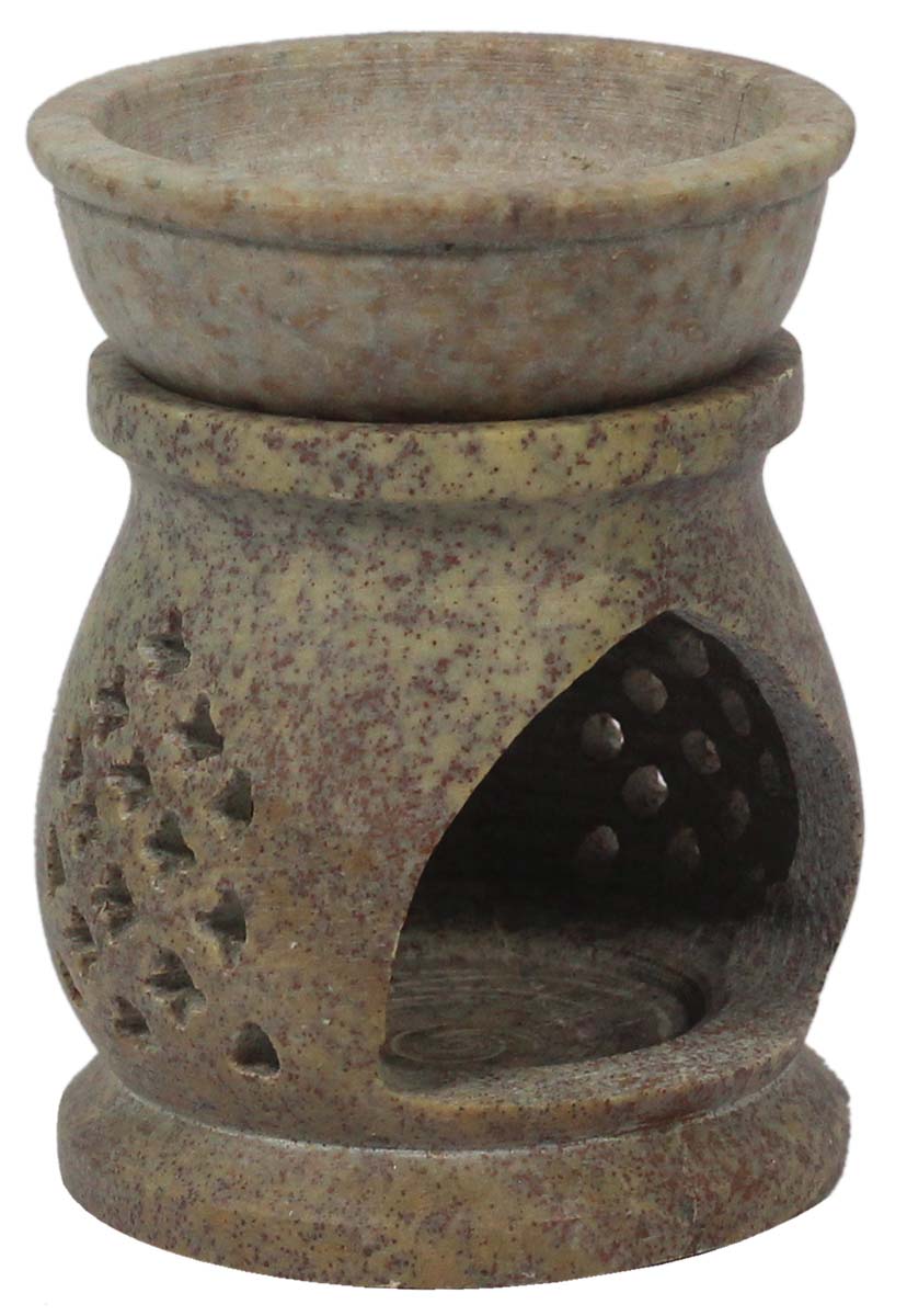 Wholesale 3.3” Earthy Colored Gorara Stone Essential Oil Diffuser - Bulk Source Handcrafted Stone Aromatherapy Wax Melt/Tart Warmer with Carving of Leaves - Essential Fragrance Accessories from India