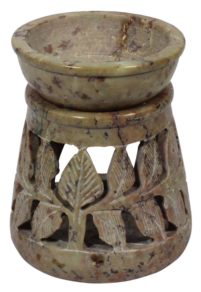 Bulk Source 3.2” Earthy Colored Gorara Stone Essential Oil Diffuser - Wholesale Handcrafted Stone Aromatherapy Wax Melt/Tart Warmer with Carving of Leaves - Essential Fragrance Accessories from India