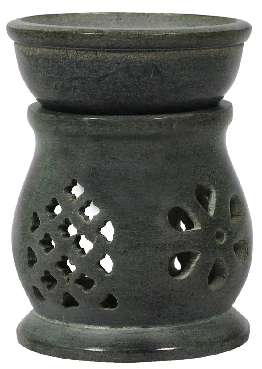 Bulk Source 3.5” Black Gorara Stone Essential Oil Diffuser - Wholesale Handcrafted Stone Aromatherapy Wax Melt/Tart Warmer with Lattice Carving of Flowers & Leaves - Essential Fragrance Accessories from India