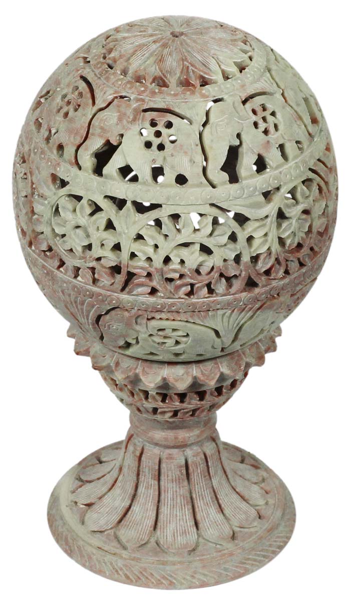 8.5” Round Tea-Light Holder in Gorara Stone with Lattice-Carving of Motifs - Handmade Candle / Votive Stand - Antique-Look Home Decor from India - Buy in Bulk Wholesale
