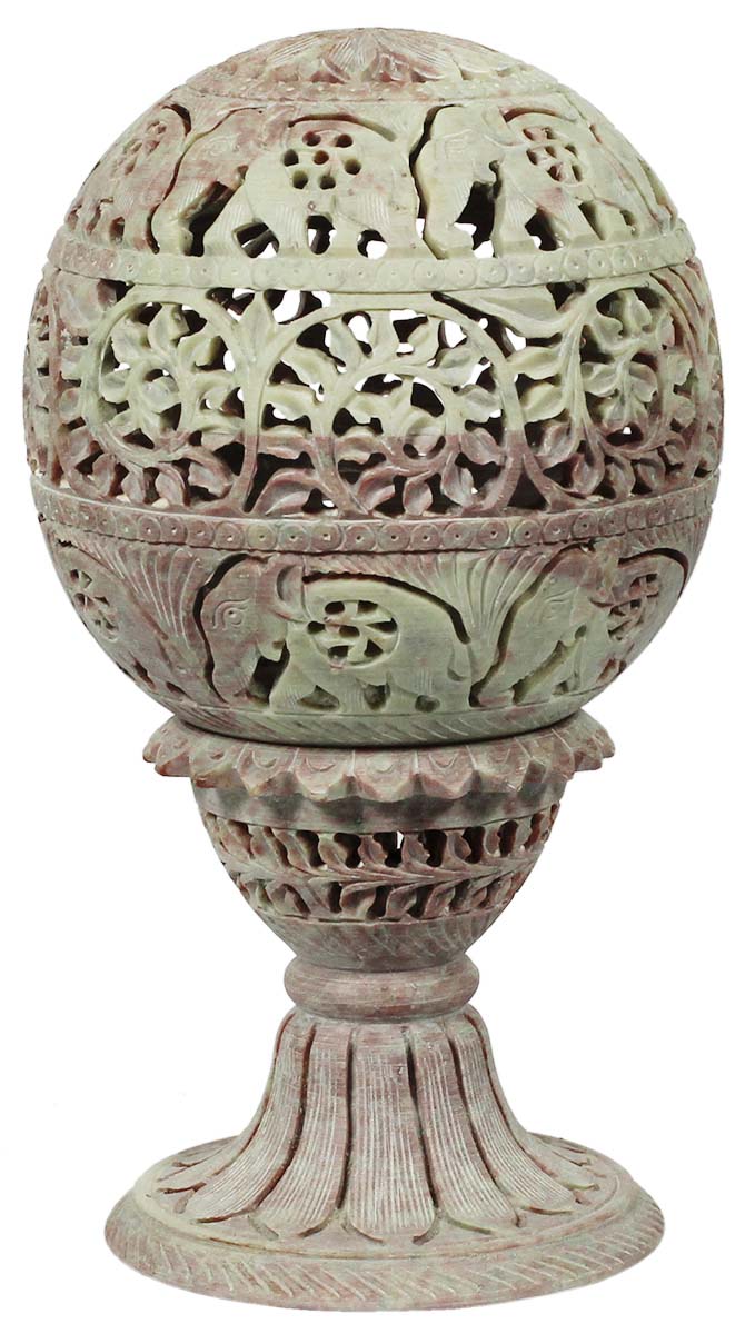 8.5” Round Tea-Light Holder in Gorara Stone with Lattice-Carving of Motifs - Handmade Candle / Votive Stand - Antique-Look Home Decor from India - Buy in Bulk Wholesale