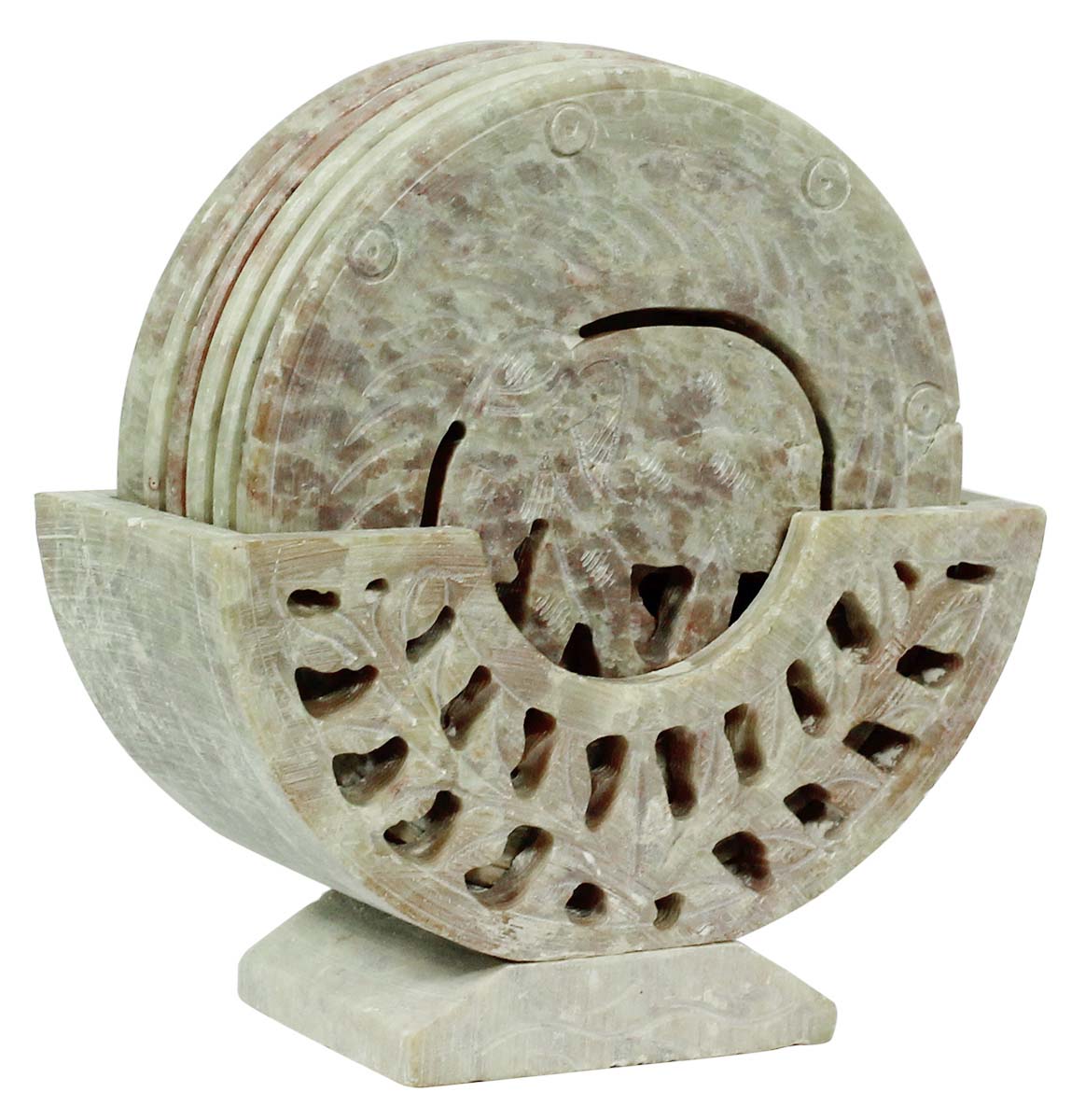 Buy in Bulk Wholesale Set of 6 Elephant Coasters with Holder in Gorara Stone - 4” Hand-Carved Dining/Kitchen Accessories - Antique-Look Home Decor