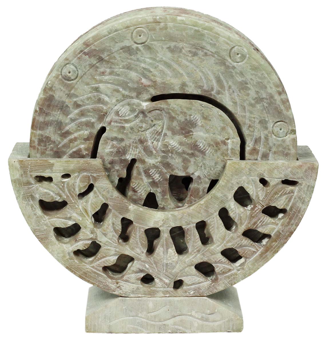 Buy in Bulk Wholesale Set of 6 Elephant Coasters with Holder in Gorara Stone - 4” Hand-Carved Dining/Kitchen Accessories - Antique-Look Home Decor