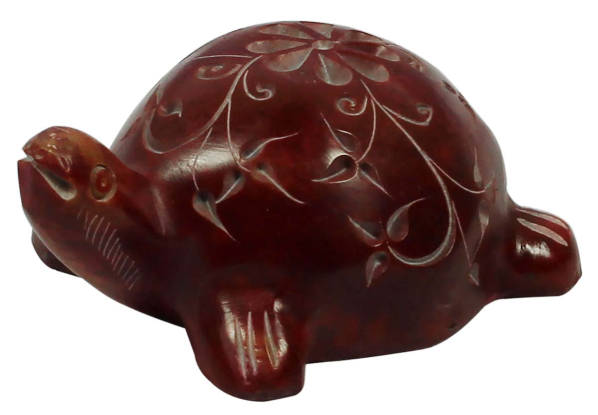 4” Decorative Tortoise in Palewa Stone - Cherry-Colored Turtle with Floral Motifs - Rare Handcrafted Home Decor from India - Buy in Bulk Wholesale