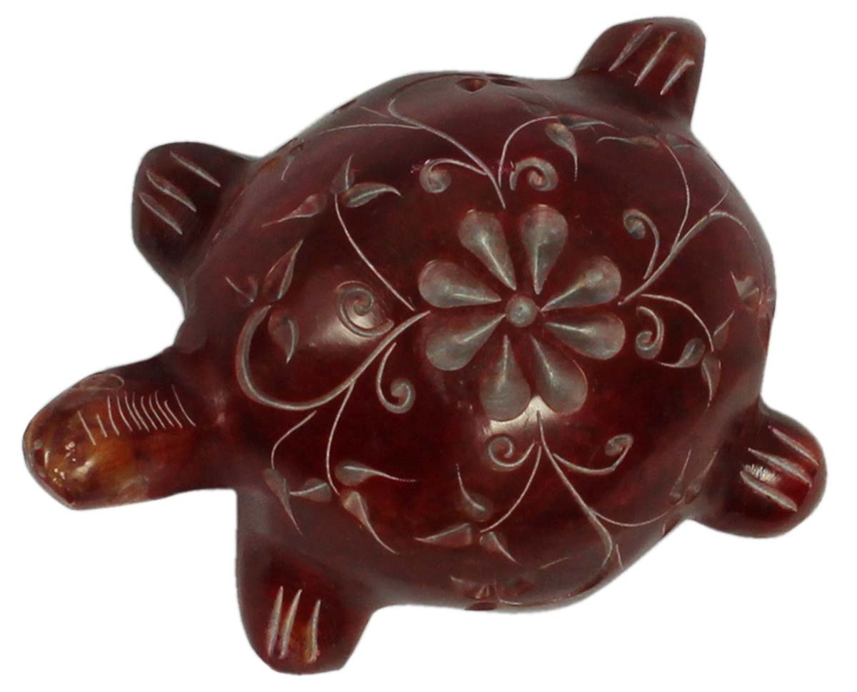 4” Decorative Tortoise in Palewa Stone - Cherry-Colored Turtle with Floral Motifs - Rare Handcrafted Home Decor from India - Buy in Bulk Wholesale