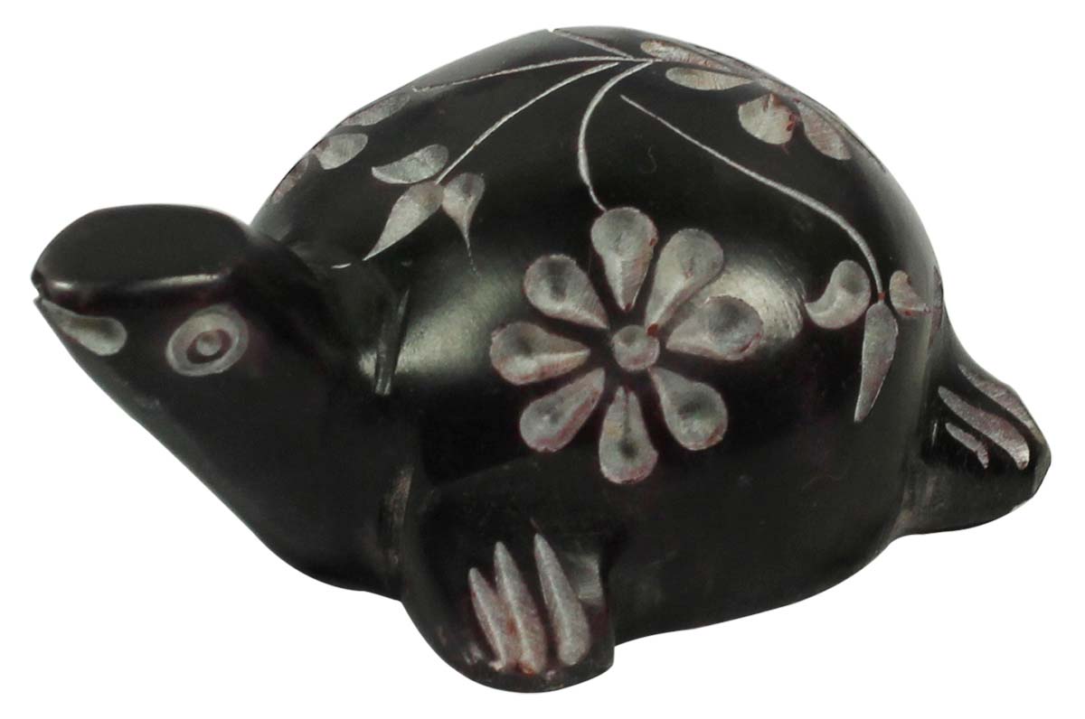 2.7” Decorative Tortoise in Palewa Stone - Black Turtle with Floral Motifs - Rare Handcrafted Home Decor from India - Buy in Bulk Wholesale